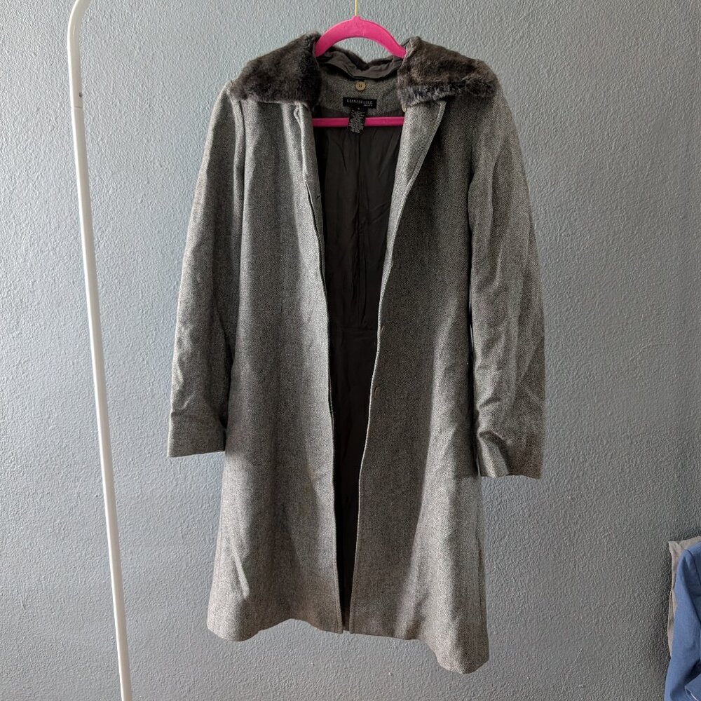 Vintage Kenneth Kole Gray Wool Herringbone Trench Coat w Removable Collar Sz S
